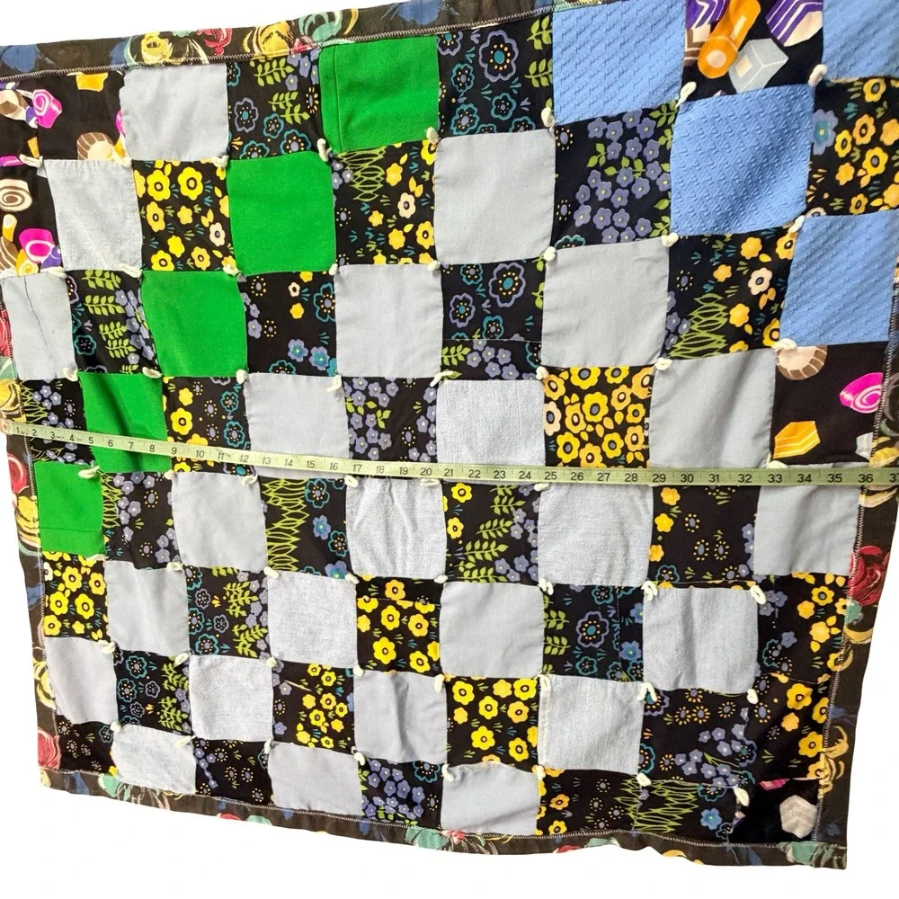 Vtg Handmade Patchwork Tied‎ Quilt Blanket Floral Geometric Cottagecore Boho Lap